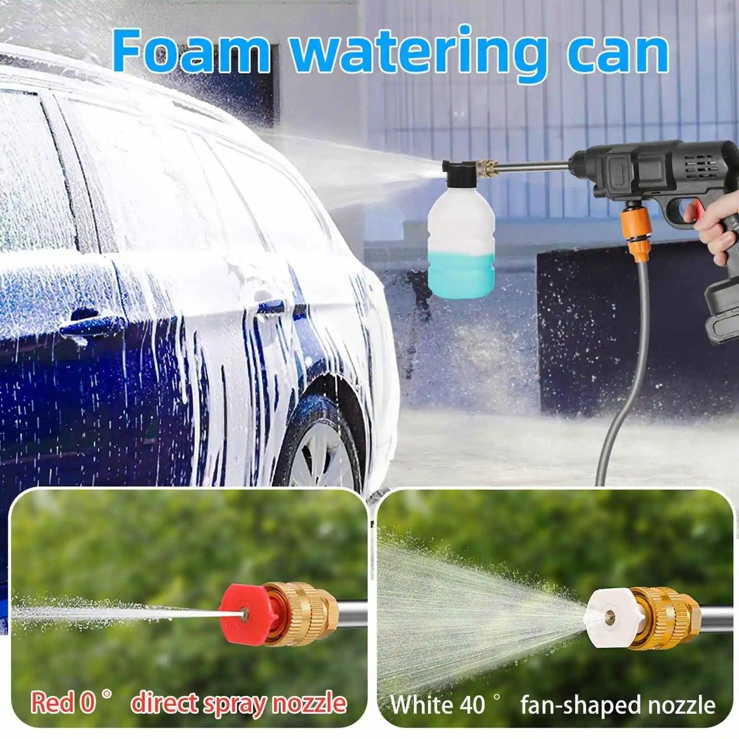 Cordless High Pressure Car Wash Washer Gun Foam Generator 1200mAh Car Water Gun Spray Cleaner Car Washing Machine - ROYAL TRENDS Introducing the Cordless High Pressure Car Wash Washer Gun Foam Generator, a revolutionary car washing machine that uses a powerful 1200mAh battery for a convenient, cord-free experience. With its high pressure water gun and foam generator, it sprays cleaner for a thorough and efficient car wash. Say goodbye to traditional, time-consuming methods. 