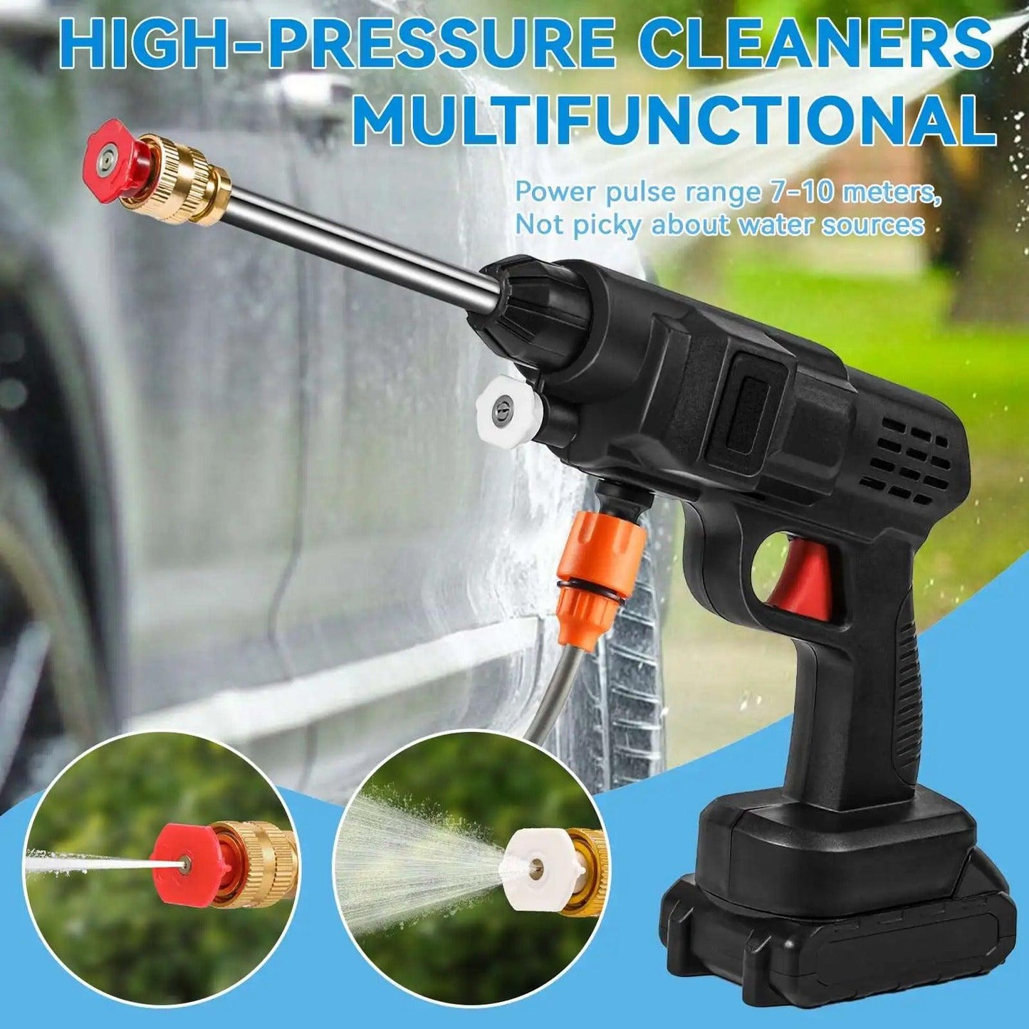 Cordless High Pressure Car Wash Washer Gun Foam Generator 1200mAh Car Water Gun Spray Cleaner Car Washing Machine - ROYAL TRENDS Introducing the Cordless High Pressure Car Wash Washer Gun Foam Generator, a revolutionary car washing machine that uses a powerful 1200mAh battery for a convenient, cord-free experience. With its high pressure water gun and foam generator, it sprays cleaner for a thorough and efficient car wash. Say goodbye to traditional, time-consuming methods. 