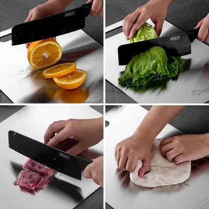 Double-sided Stainless Steel Cutting Board Food Grade Commercial Thickened Mildew Resistant Domestic Fruit Cutting Board - ROYAL TRENDS Elevate your food preparation with our Double-sided Stainless Steel Cutting Board. Crafted from food grade stainless steel, this commercial-grade board is thicker and more resistant to mildew. With double-sided usability and a sleek design, keep your kitchen clean and your food safe. 