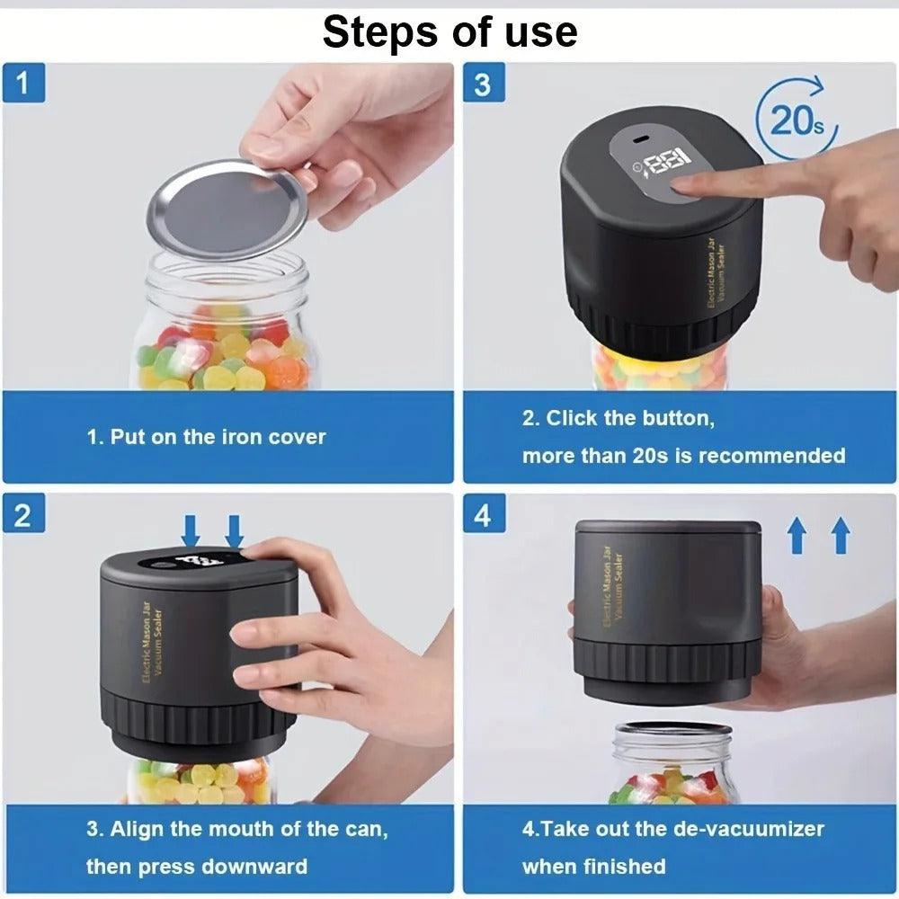 Electric Mason Jar Vacuum Sealer, Cordless Vacuum Sealer Kit for Wide-Mouth and Regular-Mouth Mason Jars Fermentation with Mason - ROYAL TRENDS Effortlessly preserve your fermented foods and spices with our Electric Mason Jar Vacuum Sealer. This cordless vacuum sealer kit is compatible with both wide-mouth and regular-mouth Mason jars, making it the perfect addition to your kitchen. Say goodbye to mold and spoilage with this easy-to-use and efficient sealer. 