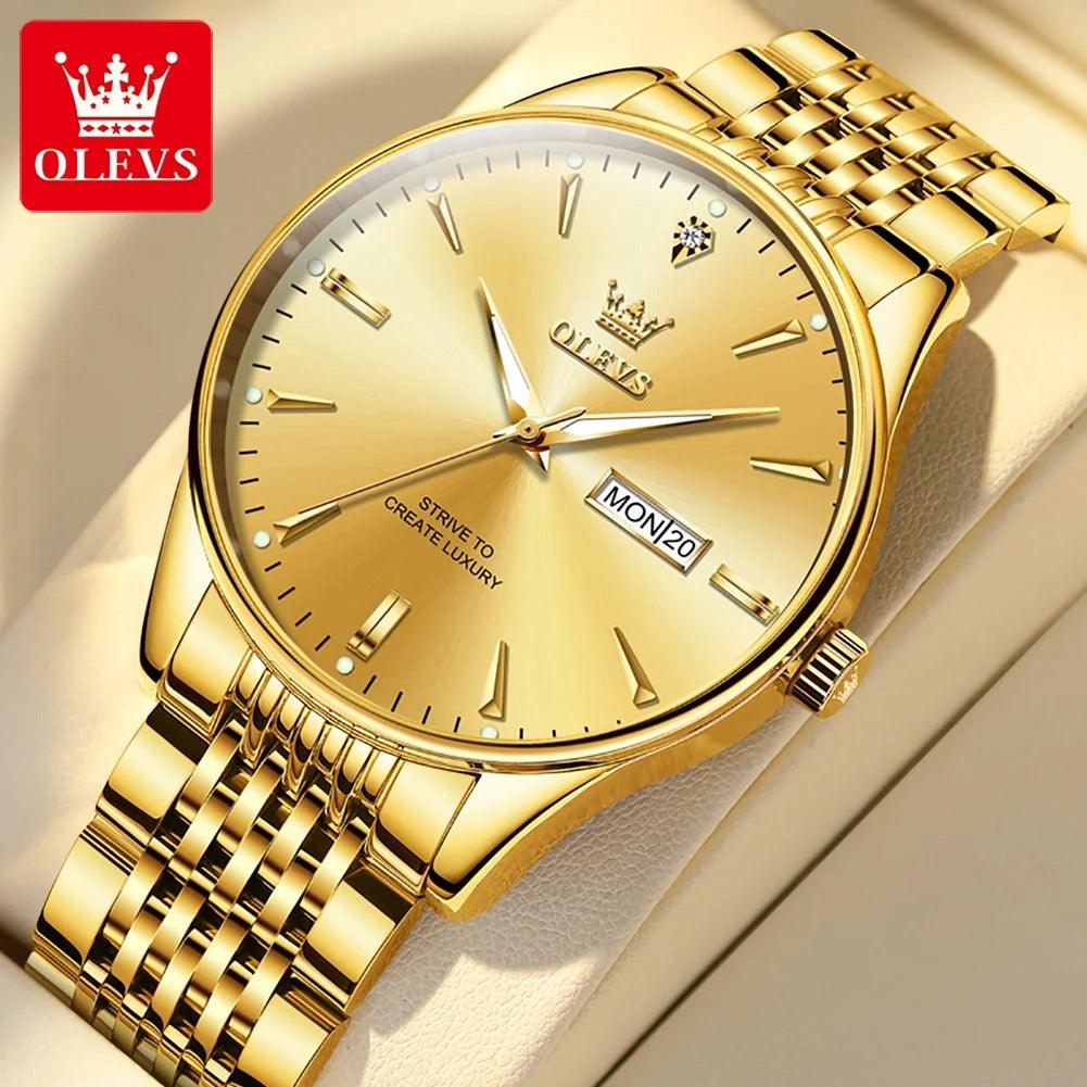 OLEVS Luxury Top Brand Men's Quartz Watches Classic Original Watch for Men Business Fashion Waterproof Gold Men's Wristwatch+Box - ROYAL TRENDS Experience timeless elegance with OLEVS Luxury Top Brand Men's Quartz Watches. This classic original watch for men exudes style and sophistication for any business occasion. With reliable quartz movement and a waterproof design, this wristwatch is a must-have accessory for any man's collection. 